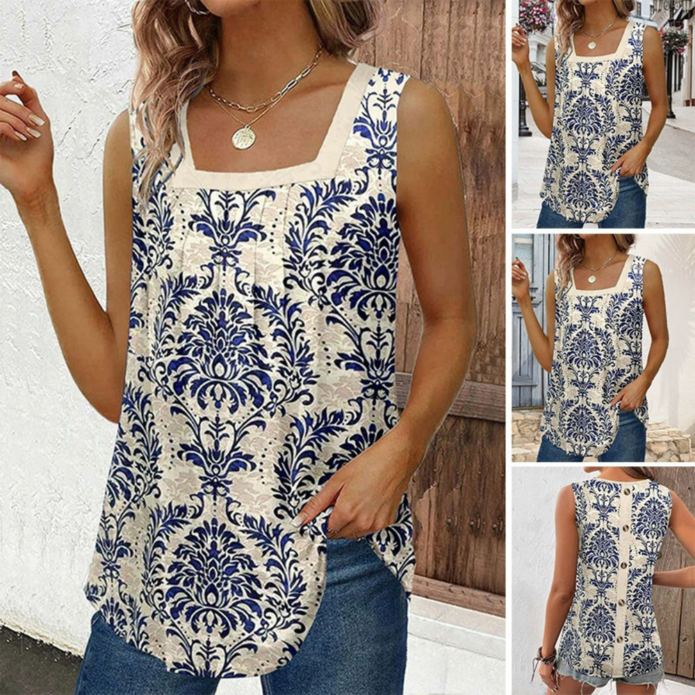 ZARA Vintage Print Sleeveless Square Neck Blouse Summer